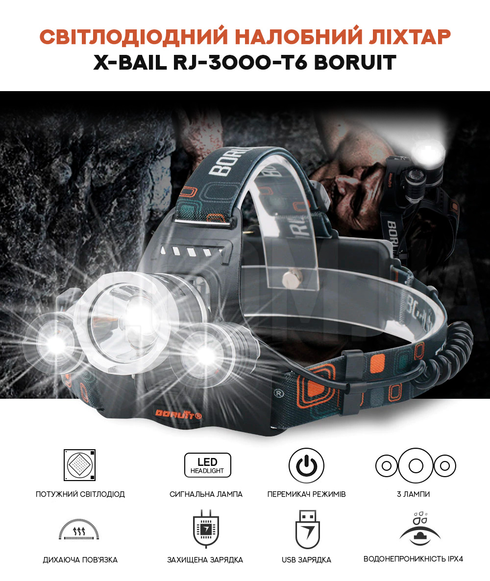 Світлодіодний ліхтарик налобний X-BAIL RJ-3000-T6 Boriut Світлодіодний ліхтарик налобний X-BAIL RJ-3000-T6 Boriut